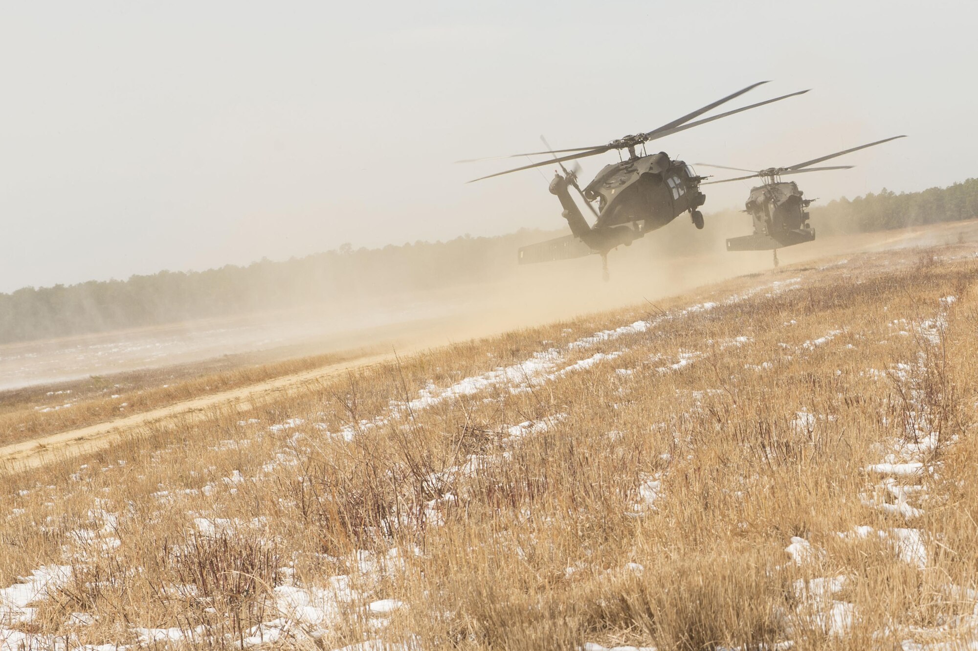 Two U.S. Army UH-60 Black Hawks land during a mobilty exercise called WAREX at Joint Base McGuire-Dix-Lakehurst, N.J., March 13, 2017. The WAREX is conducted to validate seamless Joint Task Force-Port Opening hand-off from airfield seizure forces and support the Army ground forces exercise tasks that are also being evaluated. (U.S. Air Force photo by Tech. Sgt. Gustavo Gonzalez/RELEASED). (U.S. Air Force photo by Tech. Sgt. Gustavo Gonzalez/RELEASED)