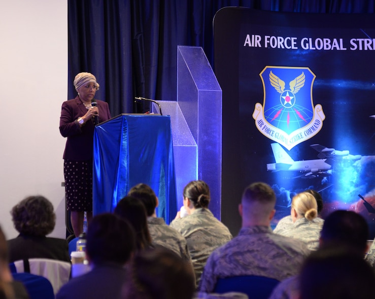 Elizabeth Melahn, 2nd Medical Group wounded warrior advocate, speaks about diversity at the Women’s Leadership Symposium on Barksdale Air Force Base, La., March 14, 2017. During the symposium, Milan told her story of overcoming racial adversity during her childhood, and how the military’s concept of diversity and equality have evolved over more than 20 years. (U.S. Air Force photo/Staff Sgt. Benjamin Raughton)