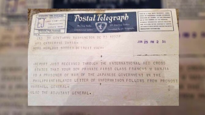 A telegram that was sent to Pfc. Francis M. Bania’s wife, Catherine Bania, notifying her that he was a prisoner of war in 1942. (U.S. Air Force illustration/Staff Sgt. Alexandre Montes)