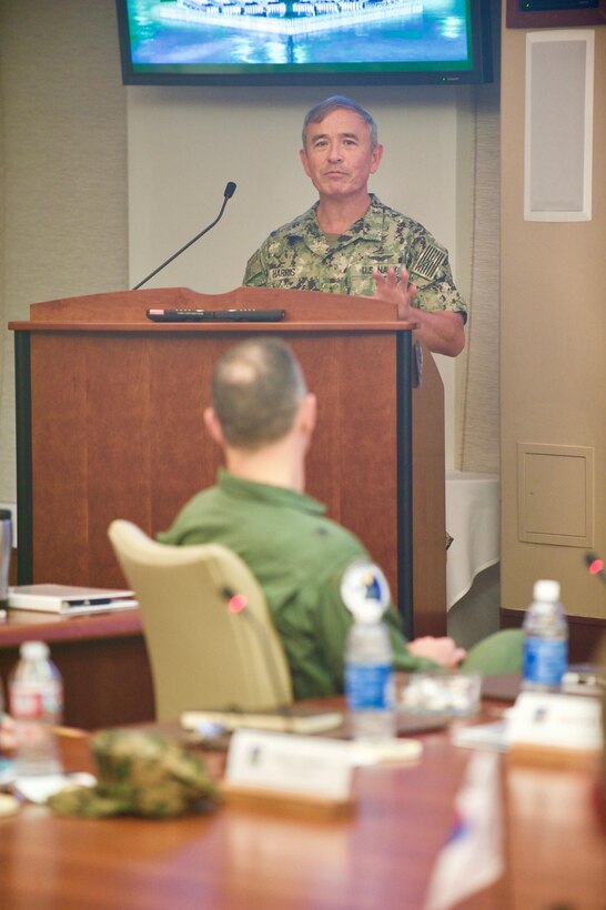 U.S. Navy Adm. Harry Harris, U.S. Pacific Command commander, gives his closing remarks during the Pacific F-35 Symposium at Joint Base Pearl Harbor-Hickam, Hawaii, March 15, 2017. The symposium is a Pacific Air Forces-hosted event that brings together the four Pacific members of the F-35 program: Japan, Australia, the Republic of Korea and the U.S. While attending the event, senior officers, warfighters and F-35 experts discussed a range of topics related to integrating the F-35 into multilateral air operations in the Indo-Asia-Pacific. The U.S. currently flies the F-35B out of Marine Corps Air Station Iwakuni, Japan, and is scheduled to field two additional squadrons at Eielson AFB, Alaska, starting in 2020. Australia and Japan are already flying their own F-35s and the ROK is projected to receive its first in 2018. (U.S. Air Force photo by Tech. Sgt. James Stewart)