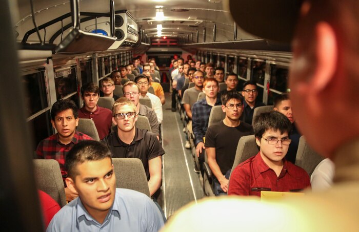 Recruits of Bravo Company, 1st Recruit Training Battalion, are welcomed to recruit training during receiving at Marine Corps Recruit Depot San Diego, March 6. Once the recruits step off the bus, they immediately begin the transformation from civilian to Marine. Annually, more than 17,000 males recruited from the Western Recruiting Region are trained at MCRD San Diego. Bravo Company is scheduled to graduate June 2.