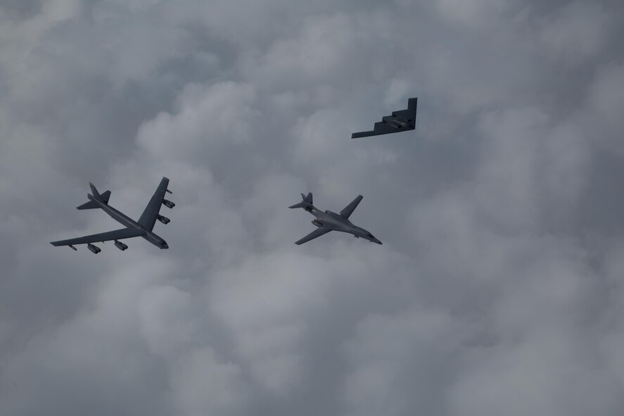 A B-52 Stratofortress, B-1B Lancer and B-2 Spirit fly near Barksdale Air Force Base, La., Feb. 2, 2017. The bombers participated in the flyover as part of the Eighth Air Force’s 75th anniversary events. Former and present bomber Airmen from across the country celebrated the anniversary by partaking in various event to honor the past, present and future Airmen of the “Mighty Eighth.” (U.S. Air Force courtesy photo by Sagar Pathak)		