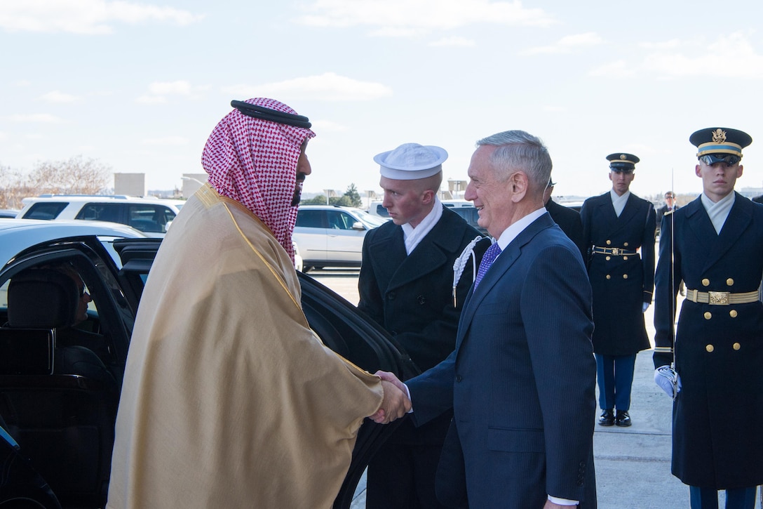 Defense Secretary Jim Mattis welcomes Saudi Deputy Crown Prince and Defense Minister Mohammed bin Salman to the Pentagon, March 16, 2017. DoD photo by Sgt. Amber I. Smith