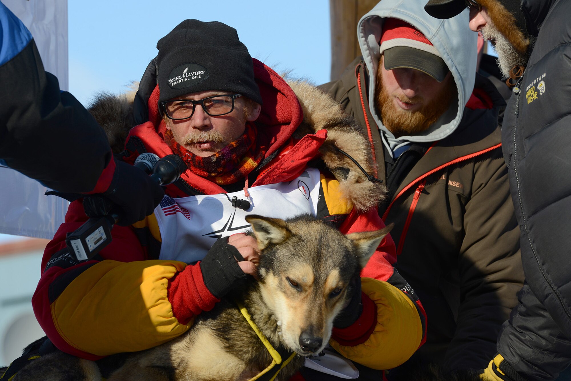 Mitch Seavey answers are few questions after placing first in the 45th Iditarod Trail Sled Dog Race in Nome, Alaska, March 14, 2017. The Iditarod is an annual 1,000-mile race challenging mushers and dog teams alike under cold weather conditions and long distance travel to the finish line in Nome.