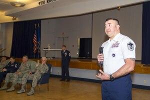 Master Sgt. Jose Rodriguez, a basic military training instructor supervisor assigned to the 433rd Training Squadron at Joint Base San Antonio-Lackland, Texas, speaks at the 940th Air Refueling Wing’s first enlisted call March 12, 2017, at Beale Air Force Base, California. Rodriguez spoke about his job and encouraged NCOs and senior NCOs to become instructors at BMT. (U.S. Air Force photo by Senior Airman Tara R. Abrahams)