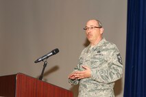Senior Master Sgt. Michael Wilson, 940th Force Support Squadron first sergeant, speaks at the 940th Air Refueling Wing’s first enlisted call March 12, 2017, at Beale Air Force Base, California. Wilson spoke about his position and opportunities for NCOs and senior NCOs to become a first sergeant. (U.S. Air Force photo by Senior Airman Tara R. Abrahams)