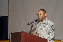 Senior Master Sgt. Martin Walker, 940th Force Support Squadron education and training superintendent, speaks at the 940th Air Refueling Wing’s first enlisted call March 12, 2017, at Beale Air Force Base, California. Walker provided information about enlisted forces development and an Air Force Reserve initiative for education and training opportunities. (U.S. Air Force photo by Senior Airman Tara R. Abrahams)