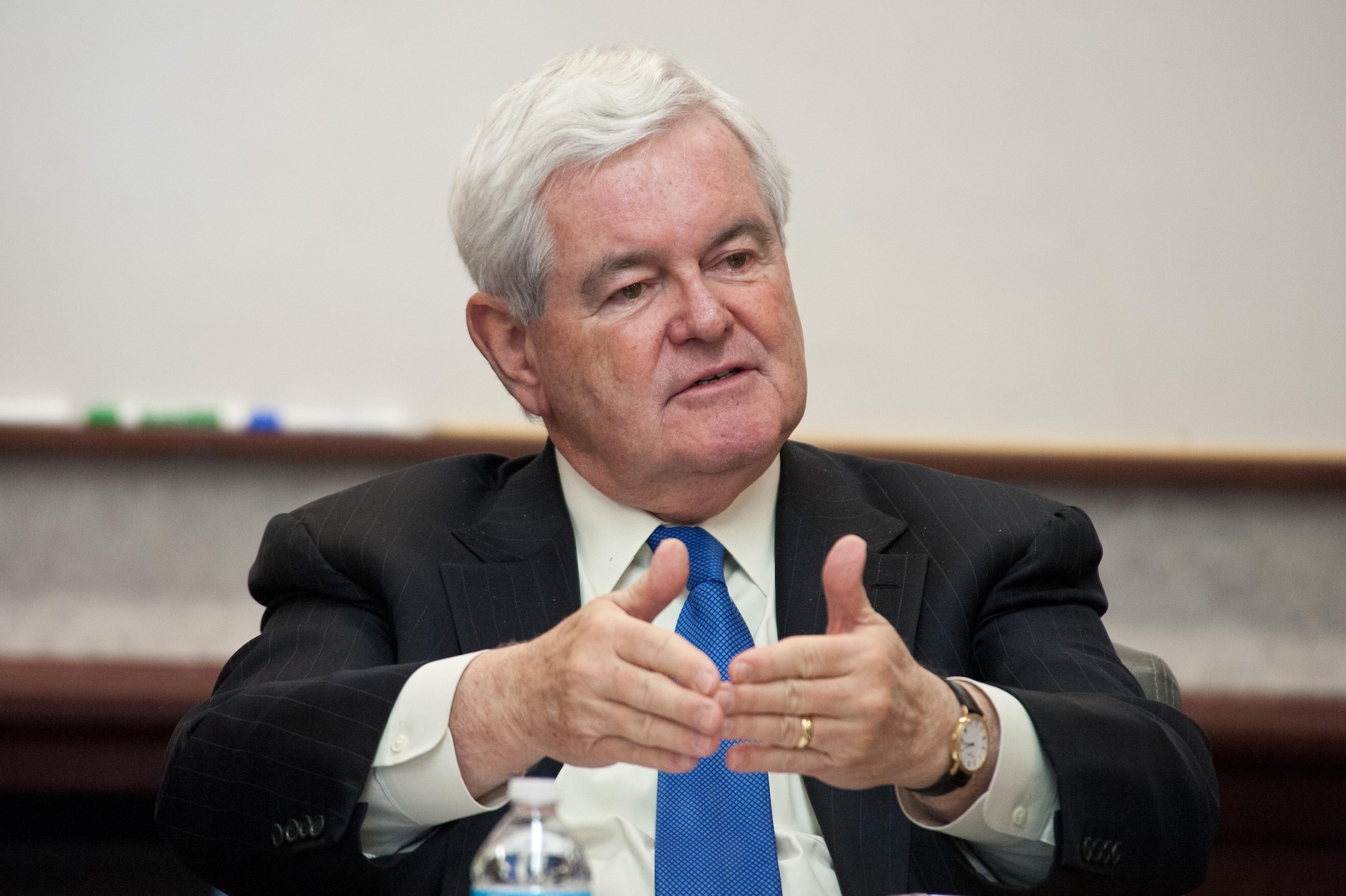 Newt Gingrich, 50th Speaker of the U.S. House of Representatives, engages with students of the Blue Horizons and School of Advanced Air and Space Studies, March 16, 2017. Gingrich's visit is part of Air University's forums designed to foster two-way communication between students learning from experiences in D.C. and his learning about AU research topics like Air Force space initiatives.  (US Air Force photo by Melanie Rodgers Cox/Released)