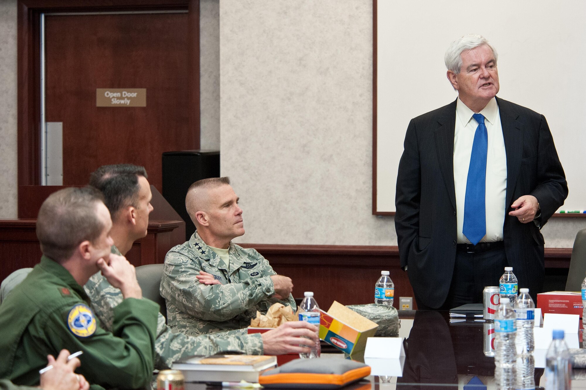 Newt Gingrich, 50th Speaker of the U.S. House of Representatives, engages with students of the Blue Horizons and School of Advanced Air and Space Studies, March 16, 2017. Gingrich's visit is part of Air University's forums designed to foster two-way communication between students learning from experiences in D.C. and his learning about AU research topics like Air Force space initiatives.  (US Air Force photo by Melanie Rodgers Cox/Released)