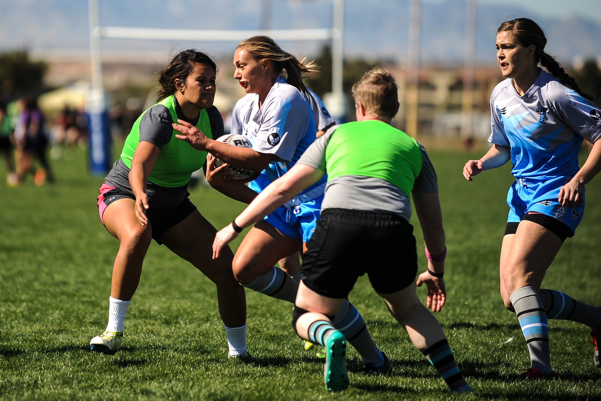 Leanne Hardin, a wing on the Air Force women’s rugby sevens team, runs with the ball during a Las Vegas Invitational match in Las Vegas, March 2, 2017. Hardin, a staff sergeant stationed at Pápa Air Base, Hungary, played multiple sports growing up and was encouraged by a coworker who played on the men’s team to give rugby a try. (U.S. Air Force photo by Staff Sgt. Siuta B. Ika)
