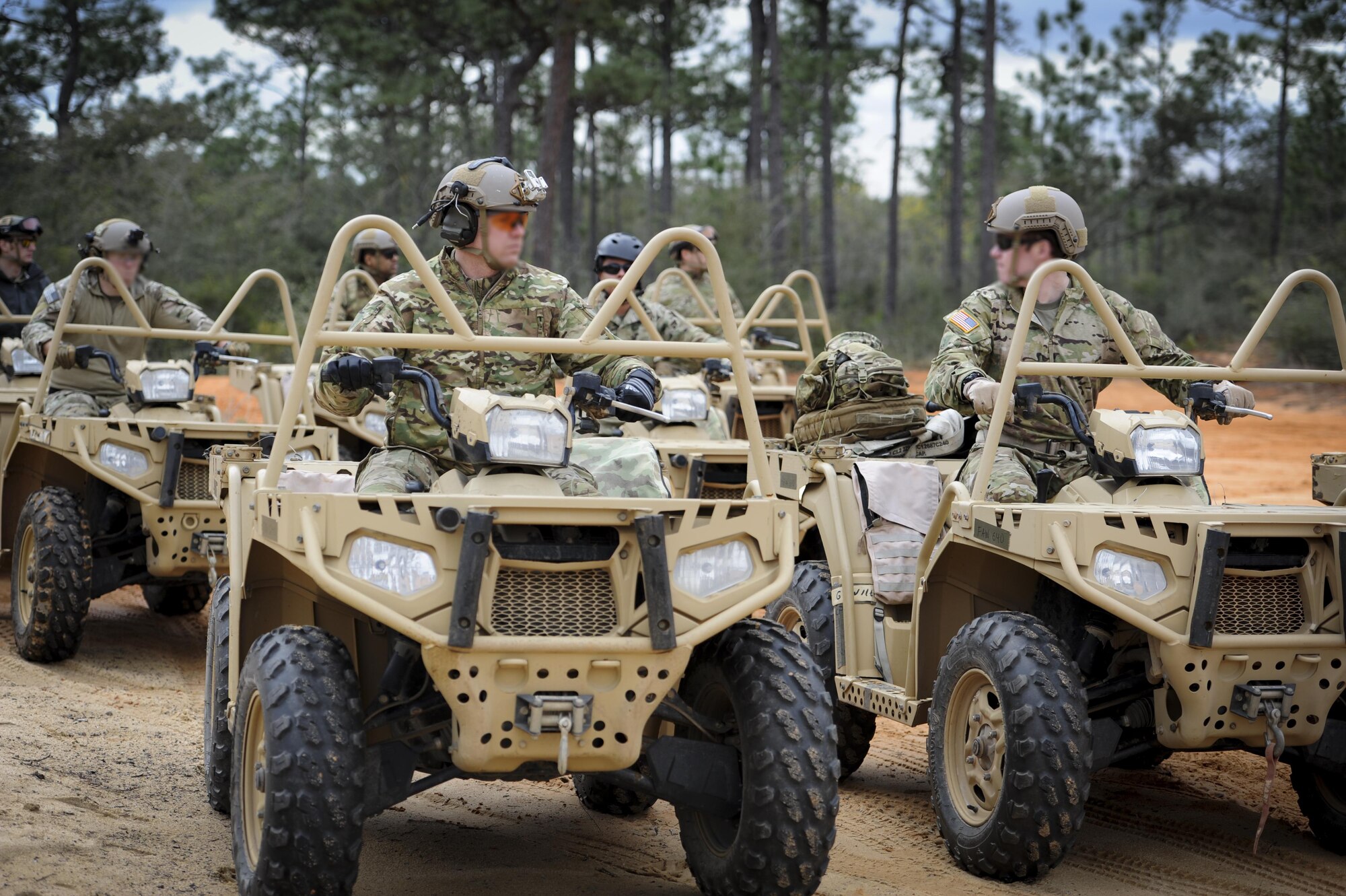 Soldiers with the 1st Battalion, 10th Special Forces Group, roll-out to begin training for all-terrain vehicle operation qualification at Buck Pond in Navarre, Fla., March 14, 2017. The 1st Special Operations Support Squadron Operational Support Joint Office facilitates special operations forces training to ensure global readiness. (U.S. Air Force photo by Airman 1st Class Dennis Spain)