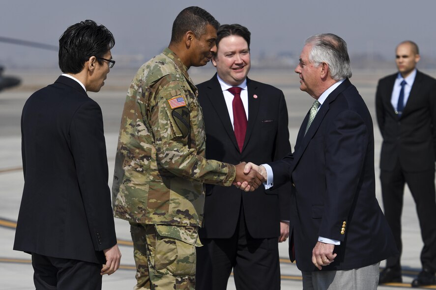 U.S. Secretary of State Rex Tillerson greets U.S. Army Gen. Vincent K. Brooks, United States Forces Korea commander, at Osan Air Base, Republic of Korea, March 17, 2017. Korea is one of three countries Tillerson is visiting during his first trip to the Pacific region as secretary of state, reiterating the United States' continued strong support of the U.S. - Korean alliance. (U.S. Air Force photo by Staff Sgt. Victor J. Caputo)