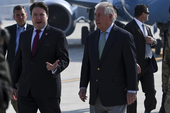 U.S. Secretary of State Rex Tillerson speaks with Marc Knapper, the Charge d'Affaires at the U.S. Embassy in Seoul, at Osan Air Base, Republic of Korea, March 17, 2017. Korea is one of three countries Tillerson is visiting during his first trip to the Pacific region as secretary of state, reiterating the United States' continued commitment to the U.S. - Korean alliance. (U.S. Air Force photo by Staff Sgt. Victor J. Caputo)