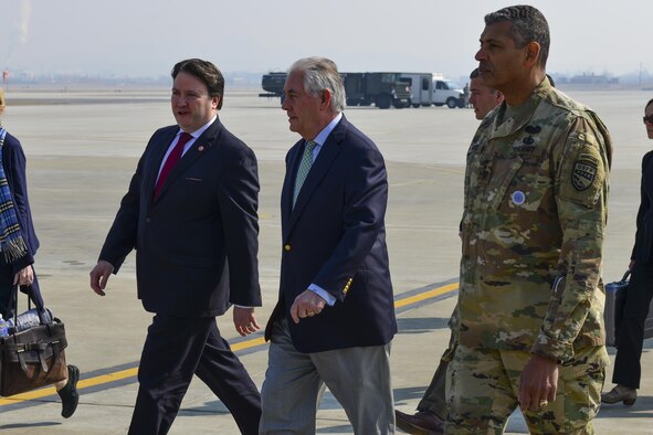 Marc Knapper, left, the Charge d'Affaires at the U.S. Embassy in Seoul, U.S. Secretary of State Rex Tillerson, and U.S. Army Gen. Vincent K. Brooks, United States Forces Korea commander, prepare to depart for an official visit to Seoul from Osan Air Base, Republic of Korea, March 17, 2017. Korea is one of three countries Tillerson is visiting during his first trip to the Pacific region as secretary of state, reiterating the United States' continued strong support of the U.S. - Korean alliance. (U.S. Air Force photo by Staff Sgt. Victor J. Caputo)