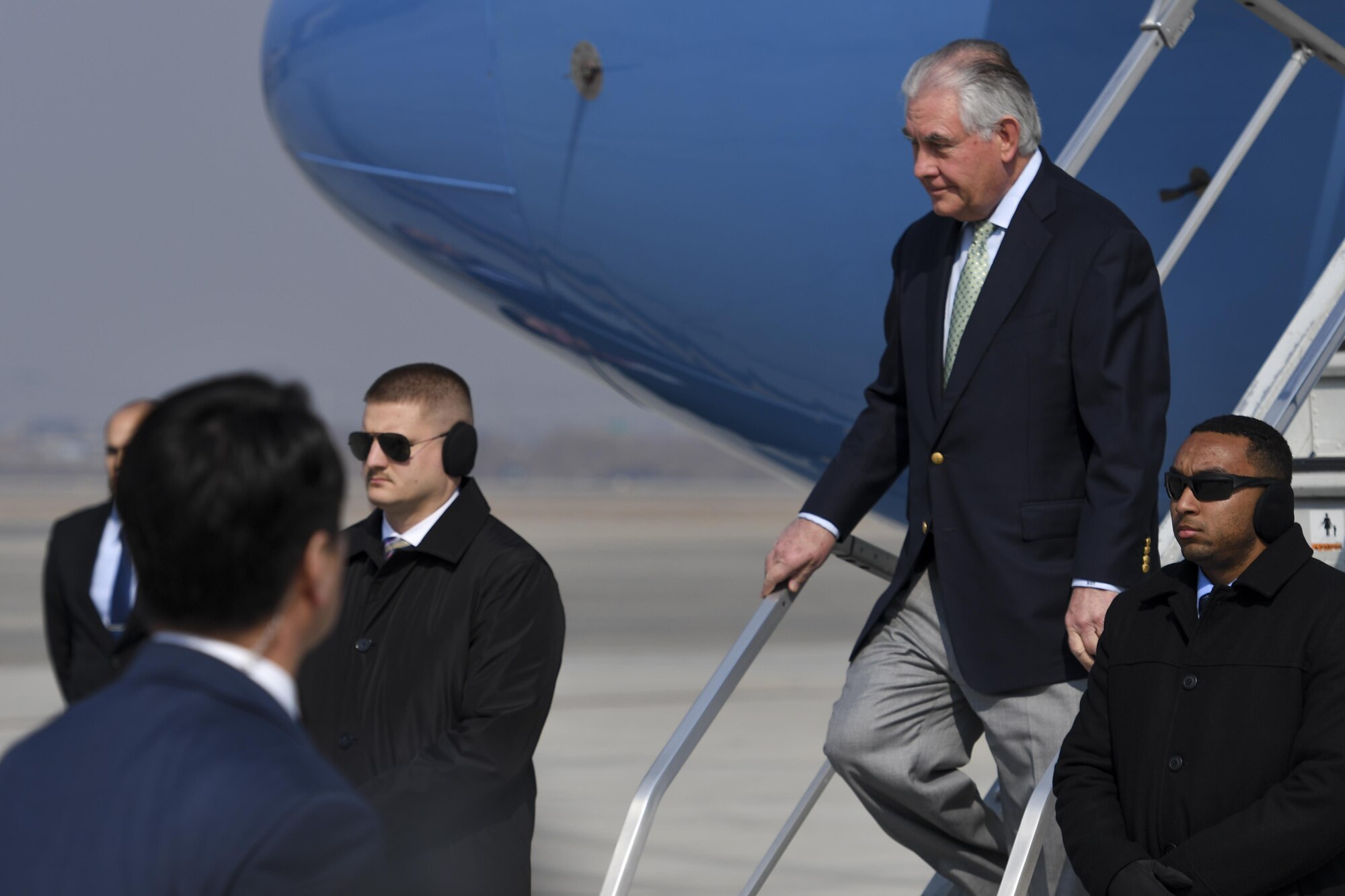 U.S. Secretary of State Rex Tillerson arrives for an official visit to Korea at Osan Air Base, Republic of Korea, March 17, 2017. Korea is one of three countries Tillerson is visiting during his first trip to the Pacific region as secretary of state, reiterating the United States' continued commitment to the U.S. - Korean alliance. (U.S. Air Force photo by Staff Sgt. Victor J. Caputo)