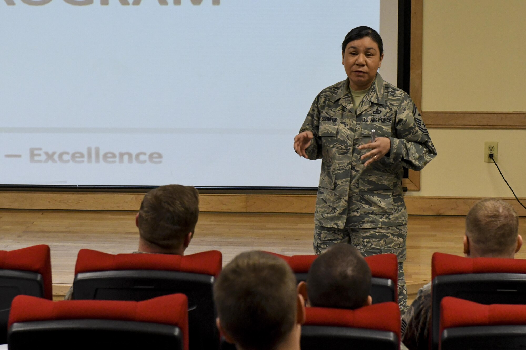 U.S. Air Force Senior Master Sgt. Cynthia Schmitz, 51st Civil Engineer Squadron first sergeant, explains the importance of family care programs during a first sergeant symposium at Osan Air Base, Republic of Korea, March 14, 2017. Schmitz, who has been a first sergeant for more than seven years, was one of many experienced first sergeants and commanders who spoke with the NCOs, senior NCOs and company grade officers attending the symposium. (U.S. Air Force photo by Staff Sgt. Victor J. Caputo)