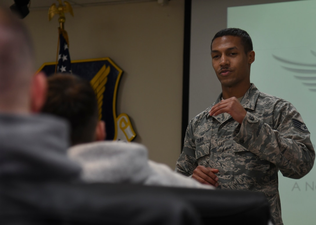 U.S. Air Force Staff Sgt. Youseff Fouad, 51st Operation Support Squadron executive assistant, participates in a discussion during an Airpower Leadership Academy course at Osan Air Base, Republic of Korea, March 15, 2017. The class creates an open forum for students to discuss various topics amongst each other with the presence of senior NCOs to guide the conversation. (U.S. Air Force photo by Airman 1st Class Gwendalyn Smith)