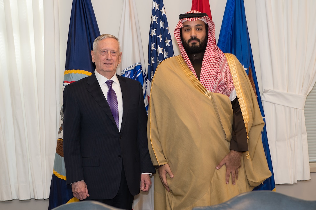 Defense Secretary Jim Mattis stands with Saudi Deputy Crown Prince and Defense Minister Mohammad bin Salman before a meeting at the Pentagon, March 16, 2017. DoD photo by Sgt. Amber I. Smith