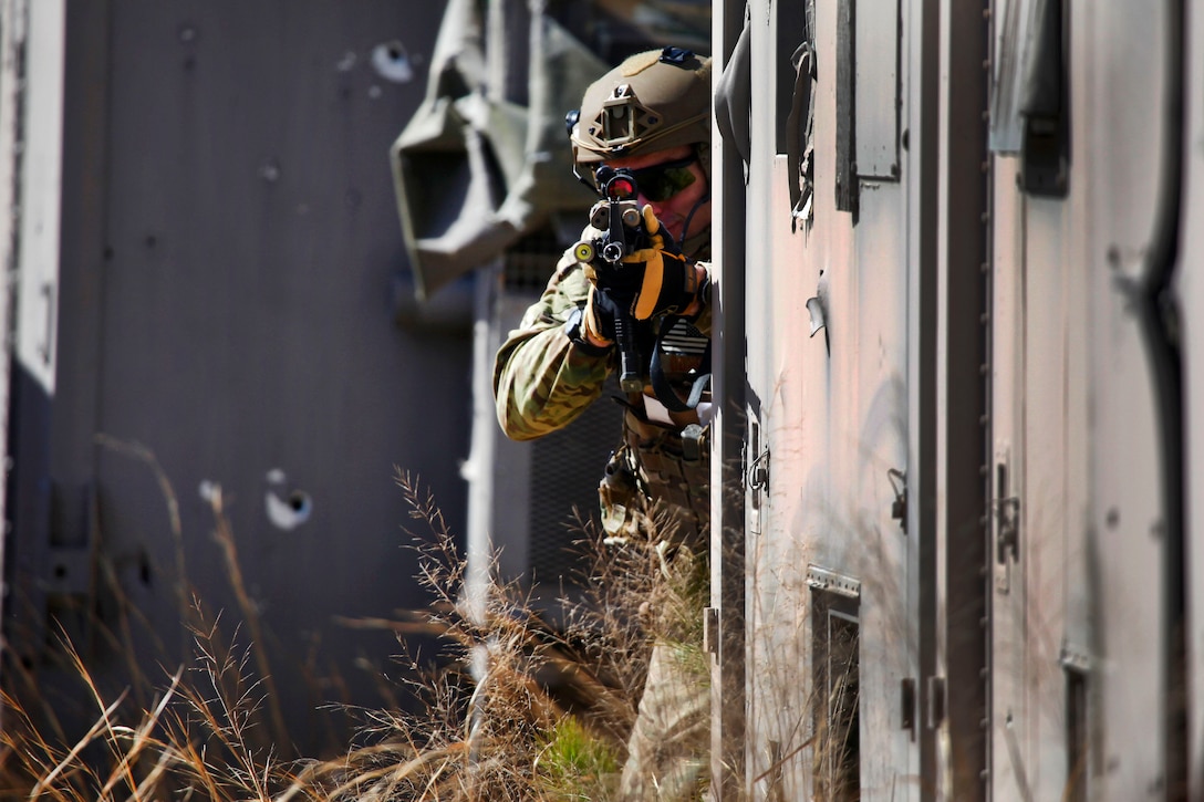 New Jersey Air National Guard Master Sgt. Chris Donohue takes aim at enemy targets during an exercise at Warren Grove Gunnery Range, N.J., March 8, 2017. Donohue is a tactical air control party airman assigned to the New Jersey Air National Guard's 227th Air Support Operations Squadron. Air National Guard photo by Master Sgt. Matt Hecht