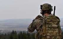 U.S. Air Force Senior Airman Jacob Hughes, 146th Air Support Operations Squadron tactical air control party, describes the location of a target to an A-4 Skyhawk pilot during the U.S. Air Forces in Europe Air-Ground Operations School’s Joint Terminal Attack Controller Qualification Course at Grafenwoehr Training Area, Germany, March 15, 2017. Once the pilot confirmed the location of the target, the students cleared the aircraft to proceed, upon which it either dropped live ammunition or did a dry run. (U.S Air Force photo by Senior Airman Tryphena Mayhugh)