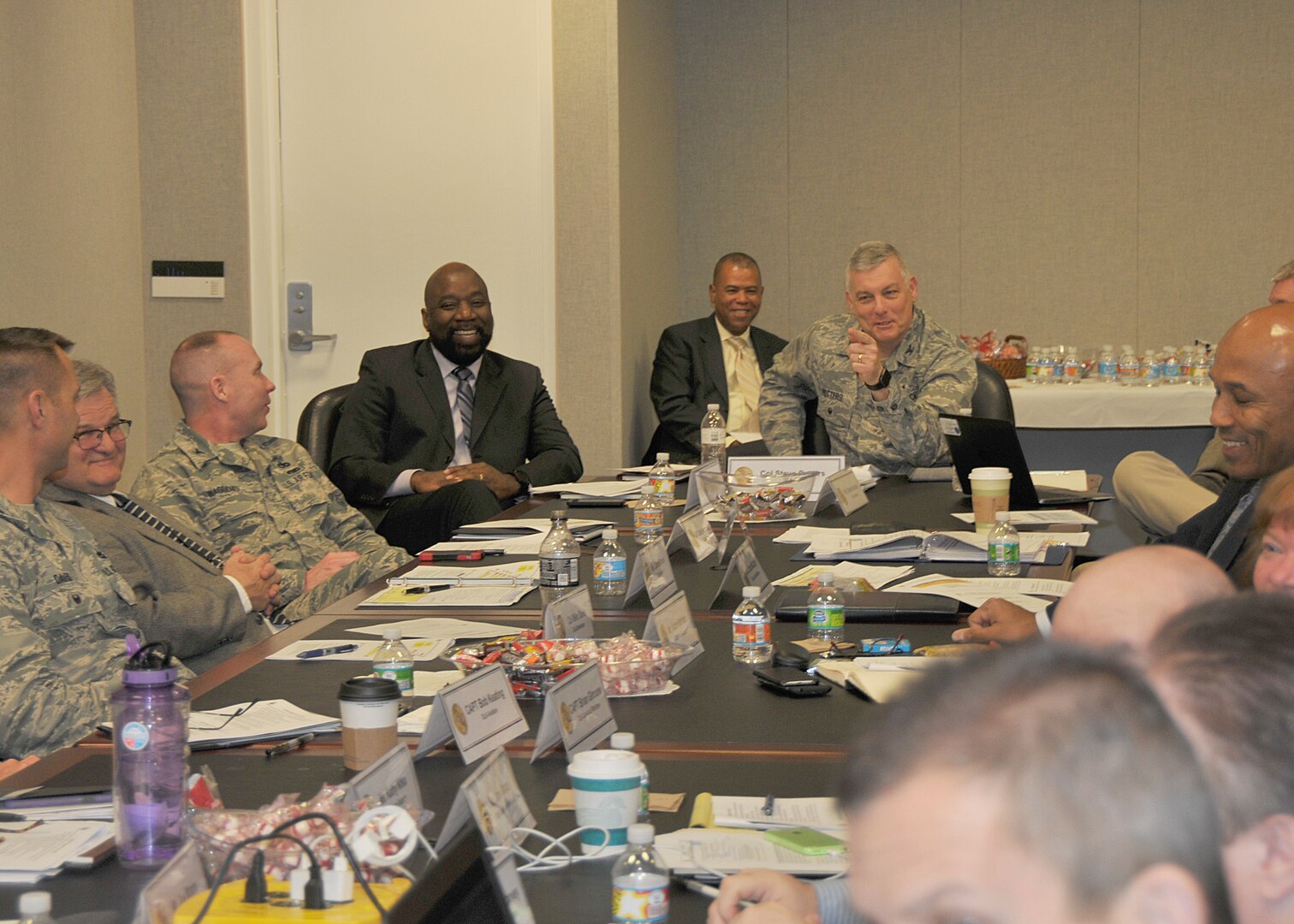 Air Force Col. Stephen Petters (at head of table) leads the working-level discussion at the DLA Internal Nuclear Enterprise summit March 8, 2017. 