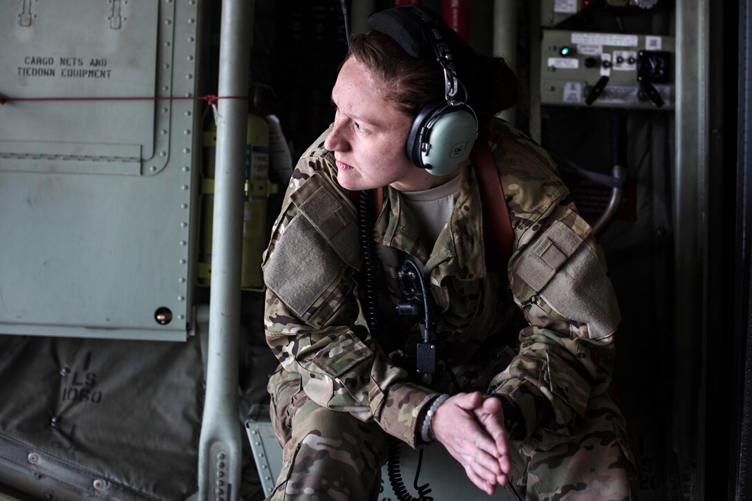 Air Force Senior Airman Dallas Pope waits for a fuel truck before an air mission at Bagram Airfield, Afghanistan, March 8, 2017. Pope is a loadmaster assigned to the 774th Expeditionary Airlift Squadronr. Air Force photo by Staff Sgt. Katherine Spessa