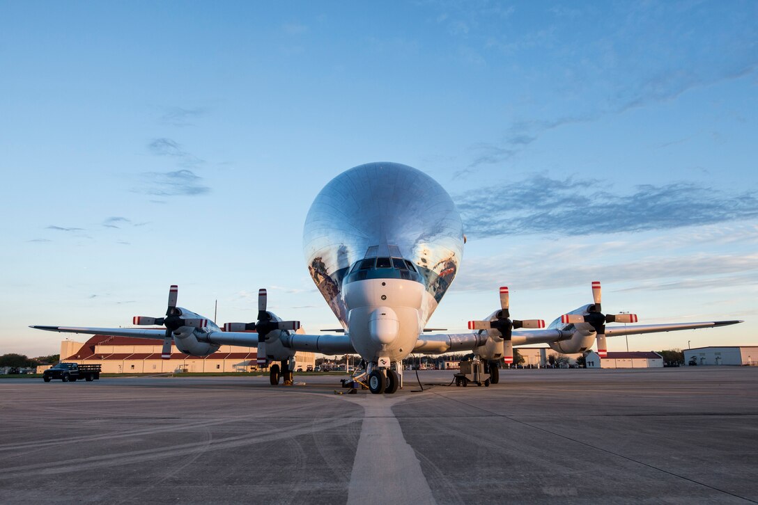 An Aero Spacelines B-377 Super Guppy sits on the flightline at Joint Base San Antonio-Randolph, Texas, March 3, 2017. The Super Guppy, operated by NASA, has a cargo space that is 25 feet in diameter and 111 feet long. (U.S. Air Force photo/Senior Airman Stormy Archer)
