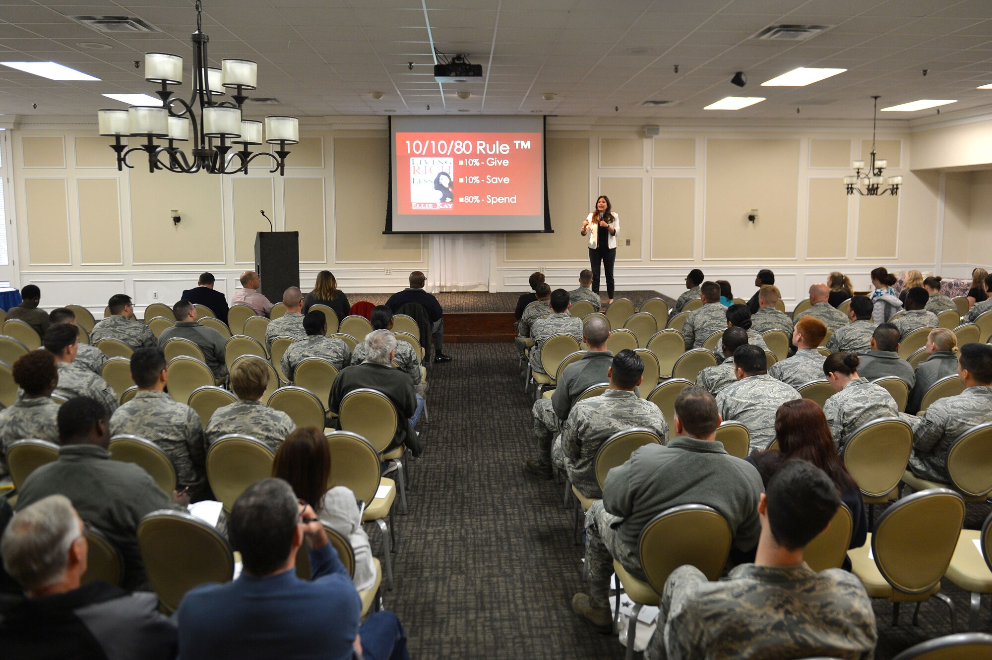 Team Shaw members listen to Ellie Kay, Heroes at Home founder and CEO, during Heroes at Home, a financial event, at the Carolina Skies Club and Conference Center at Shaw Air Force Base, S.C., March 15, 2017. Kay is scheduled to visit 17 Air Force installations around the globe, providing insight on how service members can remain financially smart. (U.S. Air Force photo by Airman 1st Class Christopher Maldonado)