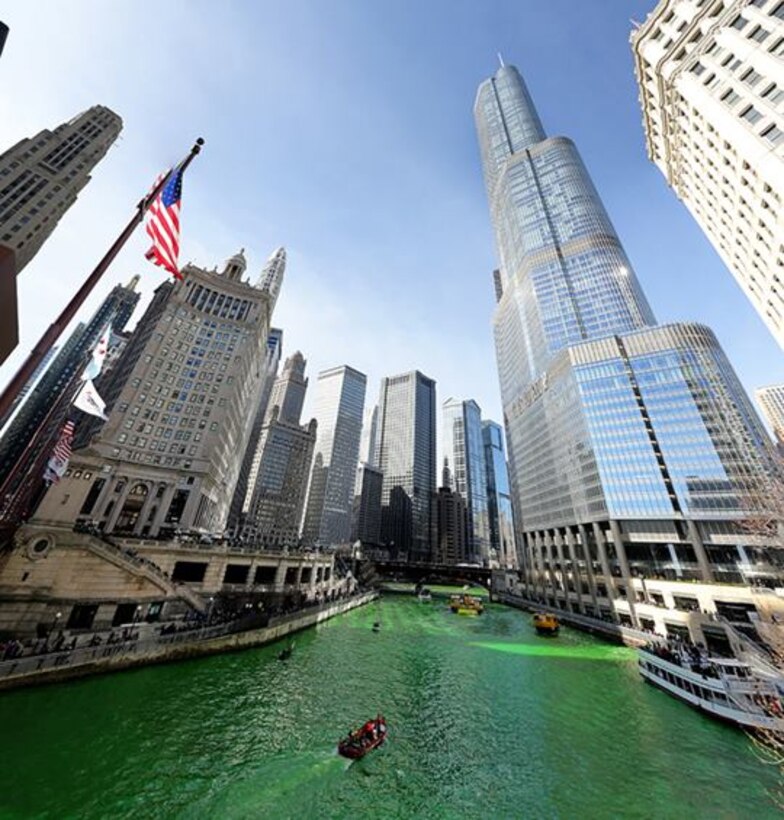 The Chicago River in downtown Chicago is dyed green during a river dyeing at a St. Patrick's Day celebration in Chicago, Mar. 11, 2017. The river dyeing is a longstanding tradition here. 
(Photo by Mr. Anthony L. Taylor)