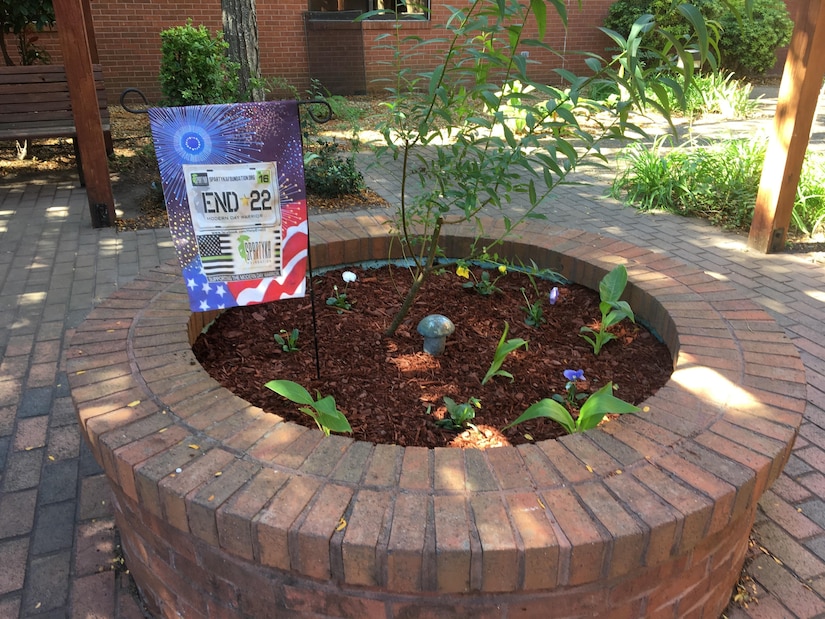 Members assigned to Joint Base Langley-Eustis, Va., help maintain garden plots at the Hampton Veteran Affairs Medical Center’s horticultural therapy gardens in Hampton, Va., Oct. 22, 2016. Volunteers help maintain the rehabilitative gardens by rebuilding structures, laying mulch and picking weeds, in addition to interacting with the veterans. (Courtesy photo)