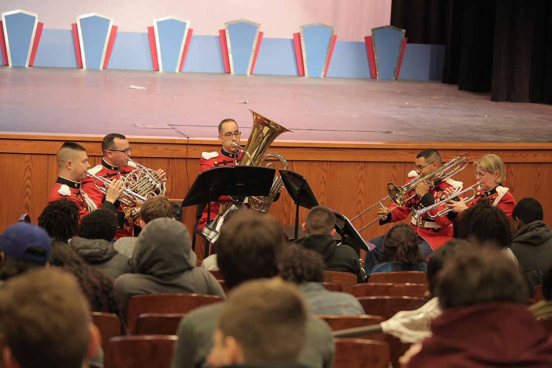 On March 16, 2017, a brass quintet from "The President's Own" U.S. Marine Band performed a Music in the High Schools presentation at Woodrow Wilson High School in Washington, D.C. (U.S. Marine Corps photo by Master Sgt. Kristin duBois/released)