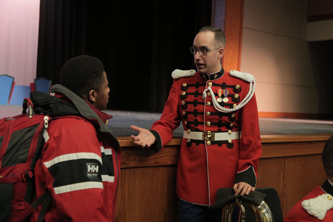 On March 16, 2017, a brass quintet from "The President's Own" U.S. Marine Band performed a Music in the High Schools presentation at Woodrow Wilson High School in Washington, D.C. (U.S. Marine Corps photo by Master Sgt. Kristin duBois/released)