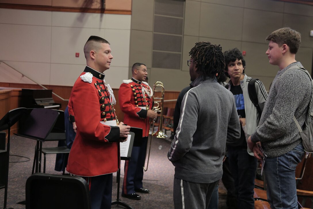 On March 16, 2017, a brass quintet from "The President's Own" U.S. Marine Band performed a Music in the High Schools presentation at Woodrow Wilson High School in Washington, D.C. (U.S. Marine Corps photo by Master Sgt. Kristin duBois/released)