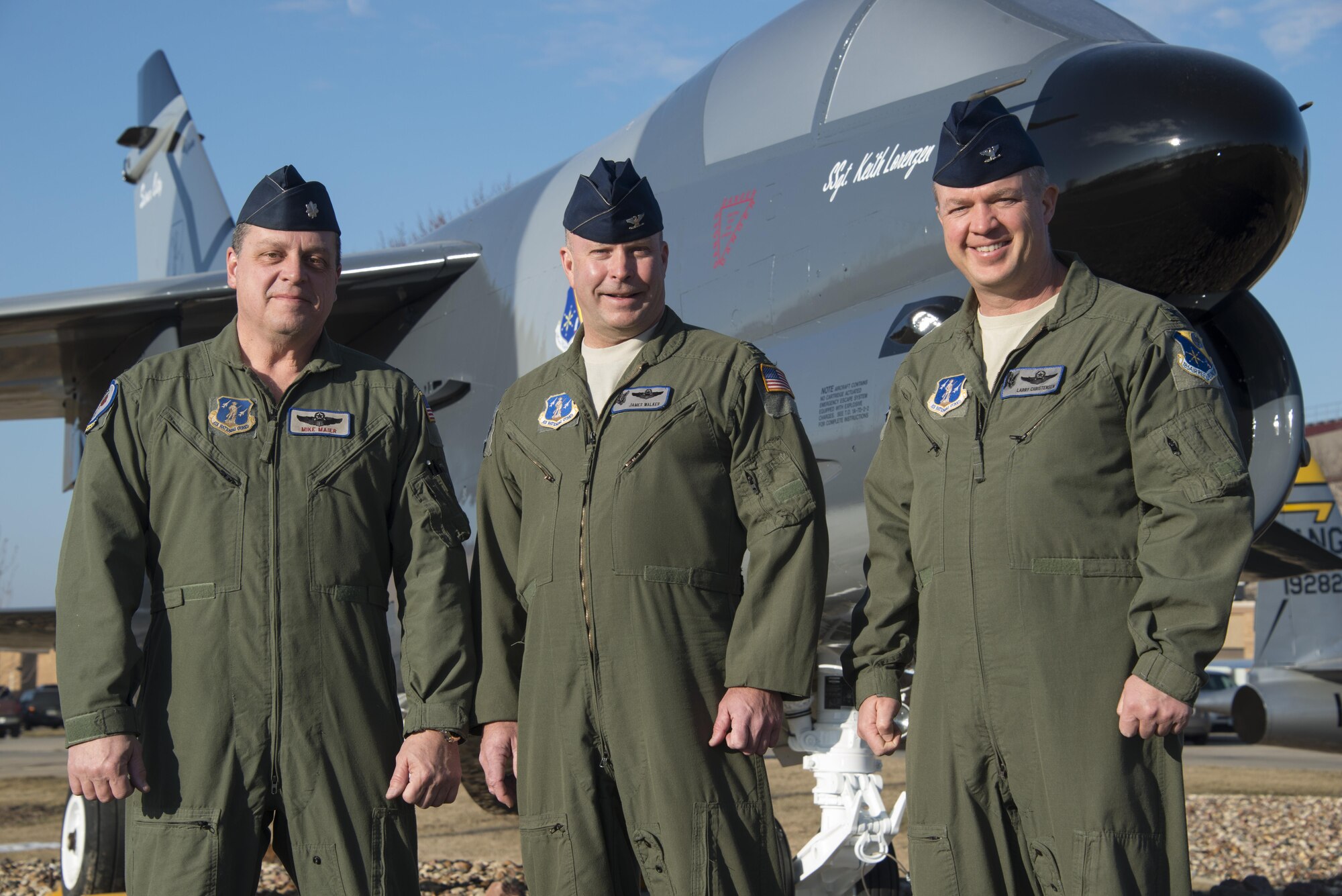 Lt. Col. Mike Maier, Col. Jim Walker and Col. Larry Christensen, pilots with the 185th Air Refueling Wing in Sioux City, Iowa, pose for a photo in front of a freshly painted A-7 D Corsair II that is on static display at the Iowa Air Guard Base on March 17, 2017. The trio are the final three, still actively serving in the 185th Air Refueling Wing who piloted the A-7 when the unit flew the Corsair from March 1977 to March 1992.
U.S. Air National Guard photo by Master Sgt. Vincent De Groot/released