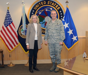 U.S. Air Force Gen. John Hyten, commander of U.S. Strategic Command (USSTRATCOM), meets with Christine Fox, assistant director for policy and analysis for the Johns Hopkins University Applied Physics Laboratory, during her visit to Offutt Air Force Base, Neb., March 17, 2017. Fox and Hyten held discussions on topics of mutual interest related to the nation’s defense. The Johns Hopkins Applied Physics Laboratory is the nation’s largest University Affiliated Research Center, the Department of Defense program that leverages collaboration with universities for essential research, development and engineering capabilities. As the director of policy and analysis, Fox directs research and analysis projects on behalf of the Department of Defense, the intelligence community, the National Aeronautics and Space Administration and other federal agencies. One of nine Department of Defense unified combatant commands, USSTRATCOM has global strategic missions assigned through the Unified Command Plan that include strategic deterrence; space operations; cyberspace operations; joint electronic warfare; global strike; missile defense; intelligence, surveillance and reconnaissance; and analysis and targeting. 