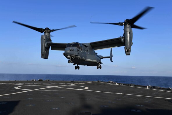 170313-N-ME988-466 
MEDITERRANEAN SEA (March 13, 2017) A CV-22 Osprey assigned to Special Operations Command Europe approaches the flight deck of the amphibious dock landing ship USS Carter Hall (LSD 50) during deck landing qualifications. The ship is deployed with the Bataan Amphibious Ready Group to support maritime security operations and theater security cooperation efforts in the U.S. 6th Fleet area of operations. (U.S. Navy photo by Mass Communication Specialist 1st Class Darren M. Moore/Released)