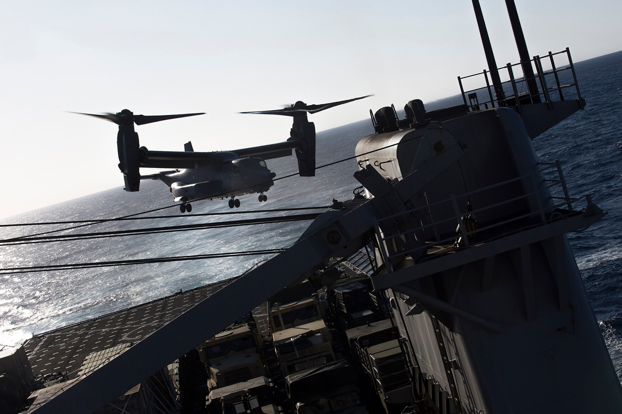 MEDITERRANEAN SEA (March 12, 2017) A U.S. Air Force CV-22 Osprey with the 7th Special Operations Squadron, 352nd Special Operations Wing departs the flight deck of USS Carter Hall (LSD 50) during deck landing qualifications in the Mediterranean Sea March 12, 2017. Carter Hall, with elements of the 24th Marine Expeditionary Unit aboard, is currently deployed with the Bataan Amphibious Ready Group in support of maritime security operations and theater security cooperation efforts in the U.S. 6th Fleet area of operations. (U.S. Marine Corps photo by Sgt. Matthew Callahan/Released)