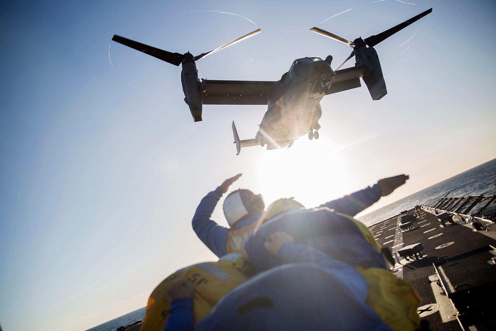 MEDITERRANEAN SEA (March 12, 2017) A U.S. Air Force CV-22 Osprey with the 7th Special Operations Squadron, 352nd Special Operations Wing departs the flight deck of USS Carter Hall (LSD 50) during deck landing qualifications March 12, 2017. Carter Hall, with elements of the 24th Marine Expeditionary Unit aboard, is currently deployed with the Bataan Amphibious Ready Group in support of maritime security operations and theater security cooperation efforts in the U.S. 6th Fleet area of operations. (U.S. Marine Corps photo by Sgt. Matthew Callahan/Released)