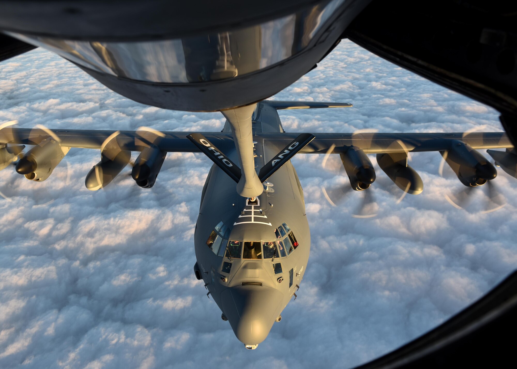 A U.S. Air Force MC-130J Commando II with the 9th Special Operations Squadron receives fuel from a KC-135R Stratotanker with the 121st Air Refueling Wing, Ohio Air National Guard, for refueling during a training sortie in support of Emerald Warrior 17 March 7, 2017. Emerald Warrior is a U.S. Special Operations Command exercise during which joint special operations forces train to respond to various threats across the spectrum of conflict. (U.S. Air National Guard photo by Senior Airman Ashley Williams)