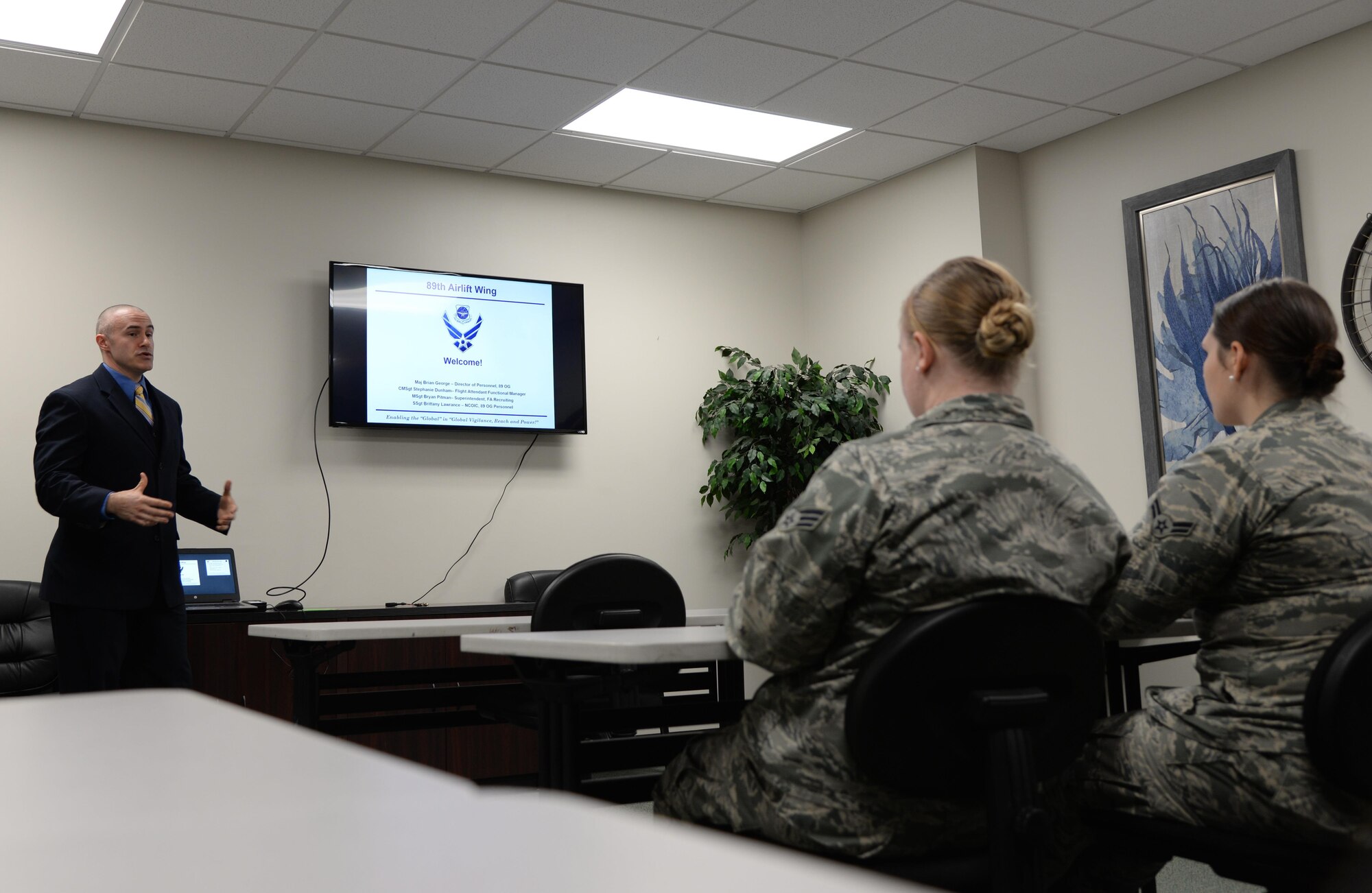 Master Sgt. Bryan Pitman, 89th Operations Group Superintendent of Flight Attendant Retraining, briefs Airmen about the flight attendant career field March 15, 2017, at Columbus Air Force Base, Mississippi. The flight attendant career field is recruiting First-Term Airmen and eligible NCOs for retraining into the career field.
