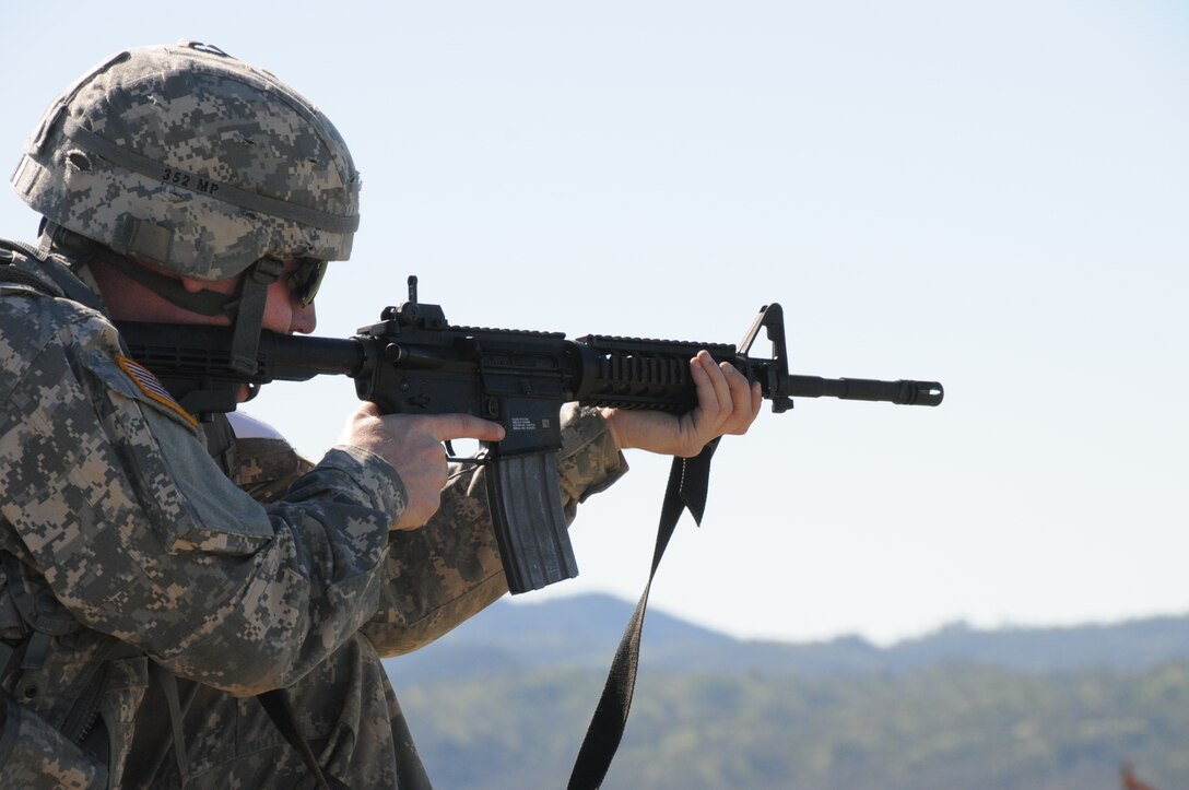 FORT HUNTER LIGGETT, Calif. - The 200th Military Police Command conducted their Best Warrior Competitions at Fort Hunter Liggett in March 2017. Spec. Michael Dell with the 352nd MP Company competing in the M9 weapons qualifications. He has served in the Army Reserve for two years.  (US Army Reserve photo by Amy Phillips/Released)