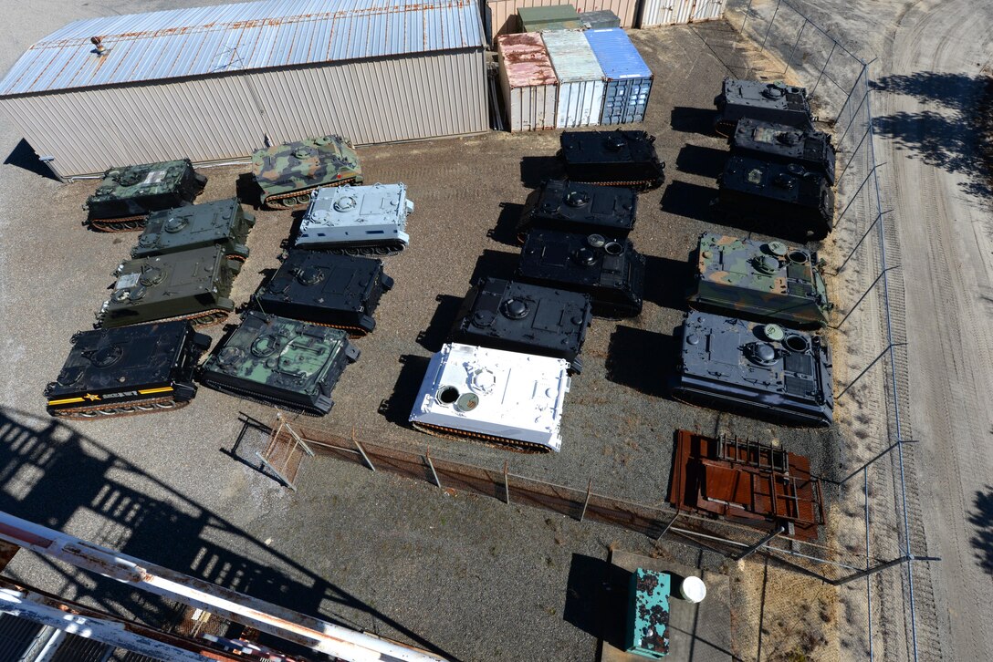 An overhead picture of M113A2 Armored Personnel Carriers (APC).