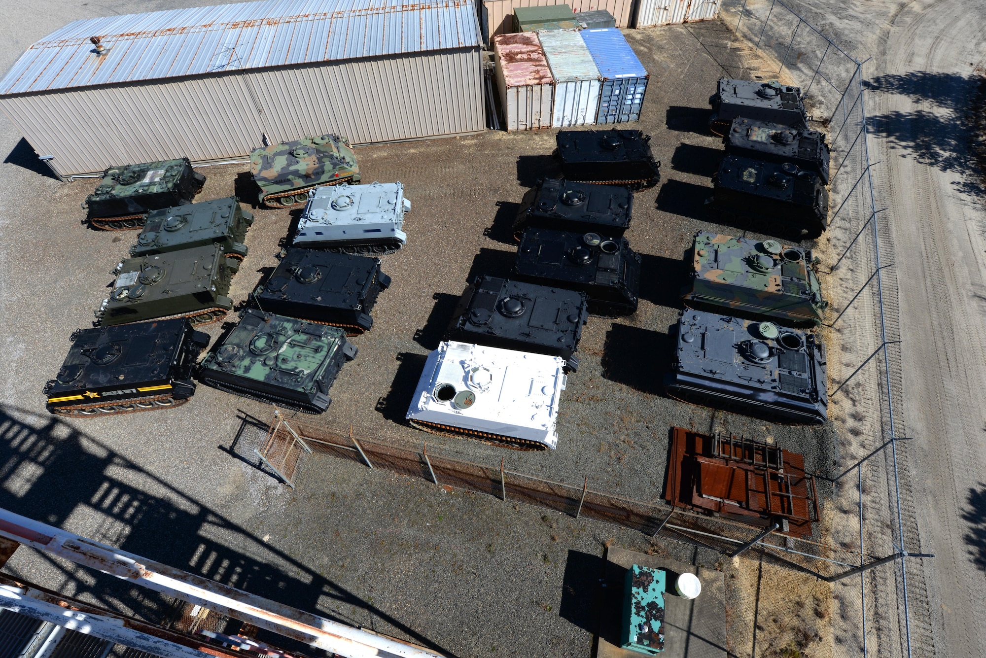 An overhead picture of M113A2 Armored Personnel Carriers (APC).