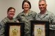 Chief Master Sgt. Shirley Wilcox (center), 916th Air Refueling Wing command chief, presents the Order of the Diamond Award to Senior Master Sgt. Susan Mayer and Senior Master Sgt. William Lester at Seymour Johnson Air Force Base on Dec. 2, 2016. (U.S. Air Force photo by Senior Airman Jeramy Moore)