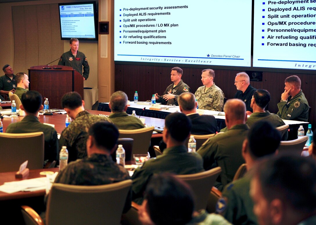 Subject-matter experts answer questions about F-35 Lightning II joint strike fighter deployment operations during the Pacific F-35 Symposium at Joint Base Pearl Harbor-Hickam, Hawaii, March 15, 2017. Air Force photo by Master Sgt. George Maddon