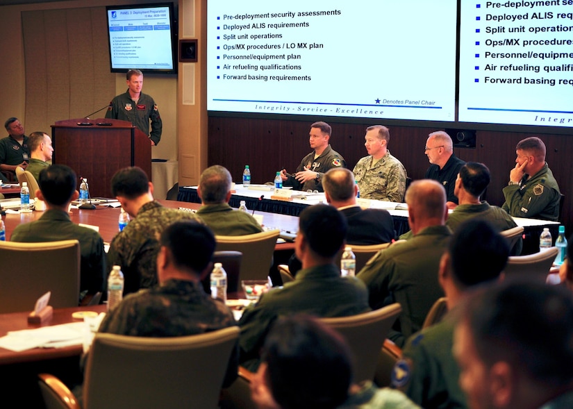 Subject-matter experts answer questions about F-35 Lightning II joint strike fighter deployment operations during the Pacific F-35 Symposium at Joint Base Pearl Harbor-Hickam, Hawaii, March 15, 2017. Air Force photo by Master Sgt. George Maddon