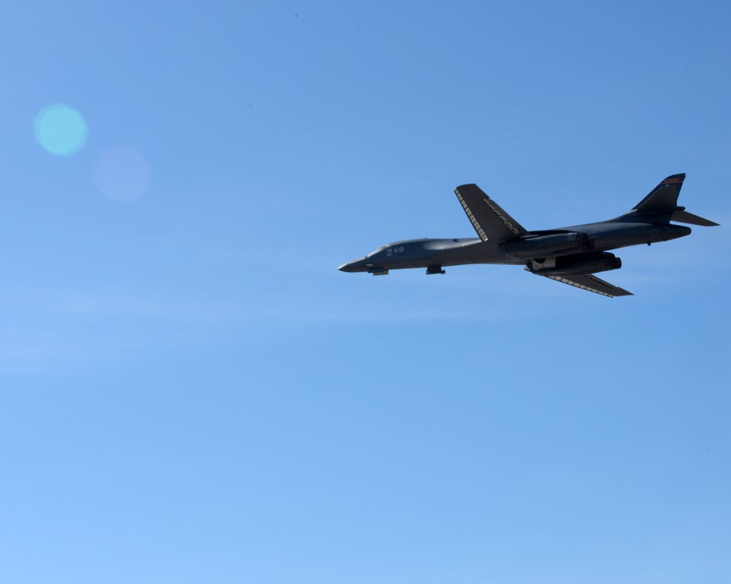 A B-1 bomber assigned to the 34th Bomb Squadron takes off in support of exercise Combat Raider at Ellsworth Air Force Base, S.D., March 14, 2017. The B-1 holds almost 50 world records for speed, payload, range and time-of-climb in its class. (U.S. Air Force photo by Airman Nicolas Z. Erwin)