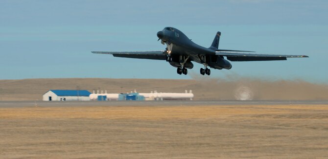 A B-1 bomber assigned to the 37th Bomb Squadron launches for exercise Combat Raider March 15, 2017, at Ellsworth Air Force Base, S.D. The B-1 was first stationed at Ellsworth in 1987 and has been involved in every Large Scale Exercise at the Powder River Training Complex, north of Belle Fourche, S.D. (U.S. Air Force photo by Airman Nicolas Z. Erwin)