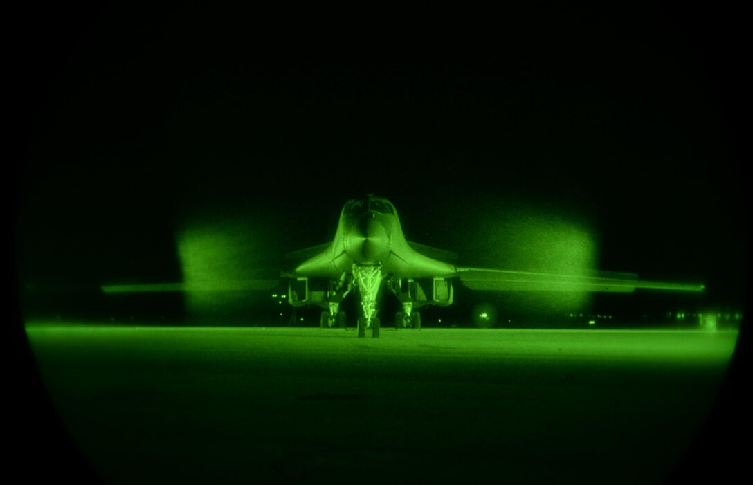A B-1 bomber from Ellsworth Air Force Base, S.D., waits on the flight line for an upcoming load competition, March 16, 2017. A load competition is a race against different maintenance units that involves loadcrews quickly arming an aircraft quickly, accurately and safely. (U.S. Air Force photo by Airman Nicolas Z. Erwin)