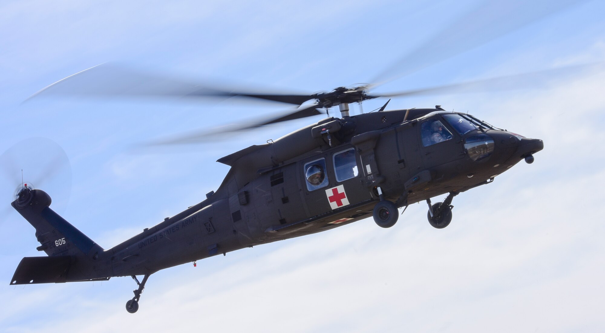 An HH-60M Black Hawk helicopter with the South Dakota National Guard lifts off to head toward Ellsworth Air Force Base, S.D., during exercise Combat Raider at the Powder River Training Complex, north of Belle Fourche, S.D., March 15, 2017. Two Black Hawks from the South Dakota National Guard participated in the exercise, providing a medical evacuation for Airmen acting as downed pilots. (U.S. Air Force photo by Airman 1st Class Randahl J. Jenson)